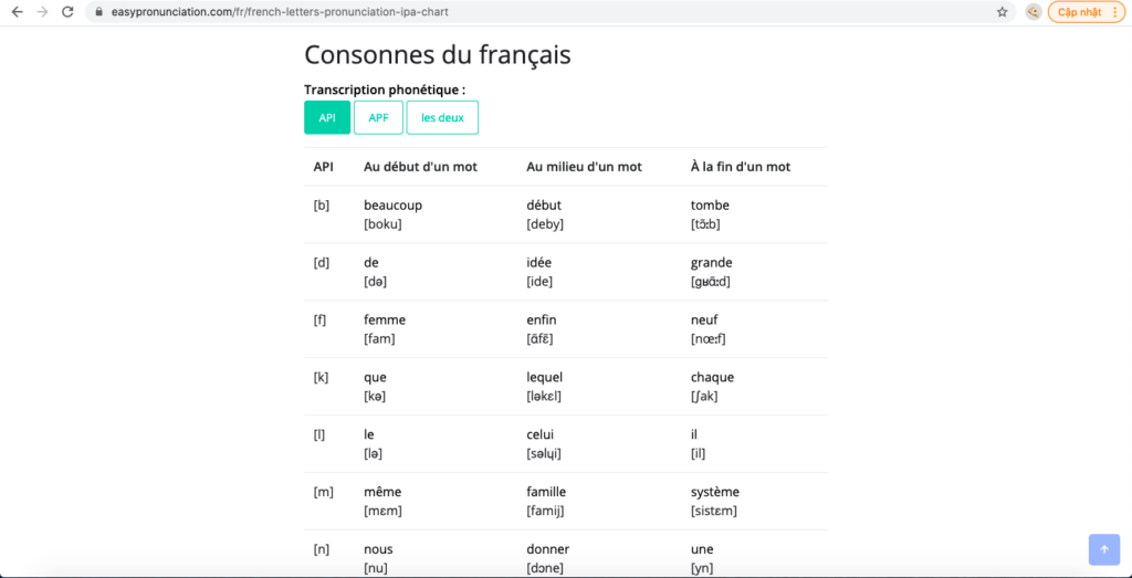 Bảng phụ âm trong tiếng Pháp theo IPA